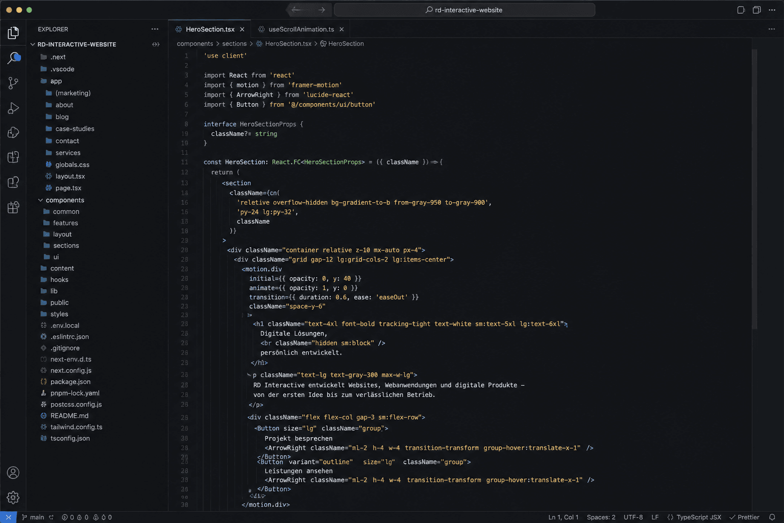 Code-Editor mit einem React- und TypeScript-Projekt
